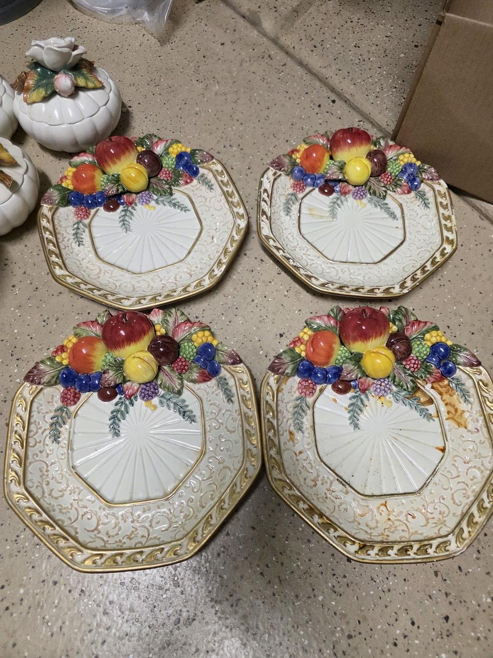 Fitz and Floyd White Ceramic Fruit Accent Plates with Gold Trim